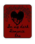 Red background with black heart and text 'In my dark Romance Era' surrounded by roses.