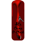 Red rectangle bookmark. With a red blood drip. A hand holding a knife. With black lettering saying 'It's crime O-clock.'