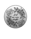 Circular design with books and roses, featuring the text 'Just one more chapter' on a white background.