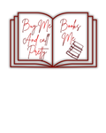 Open book with text 'Buy Me And call Pretty Books Me' on a white background
