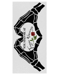 A rectangular graphic print featuring two black skeletal hands forming a heart shape around a white center. The center includes the text 'YOU HAD ME AT Trigger Warnings' alongside a red rose with green leaves, set on a light gray background.