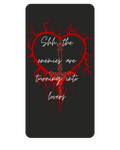 Black card with red heart design and a red sword. With white text saying 'Shh, the enemies are turning into lover.'