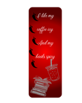 Red bookmark with 5 black chilly peppers. And white drawings of books and ice coffee. White lettering say 'I like my coffee icy. And my books spicy.'