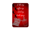 A rectangular red magnet or sign with rounded corners, featuring the quote 'I like my coffee iced. And my books spicy' in white script, with black chili pepper illustrations and white line drawings of books and a drink on a white background.