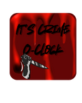 A square graphic with rounded corners featuring a dark red background with dripping red paint or blood effects, black handwritten-style text reading 'IT'S CRIME O-CLOCK,' and a black-and-white illustration of a hand holding a knife.