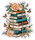 A decorative illustration of a stack of vintage books tied with a rope, topped with peach roses and surrounded by butterflies and green leaves on a white background.