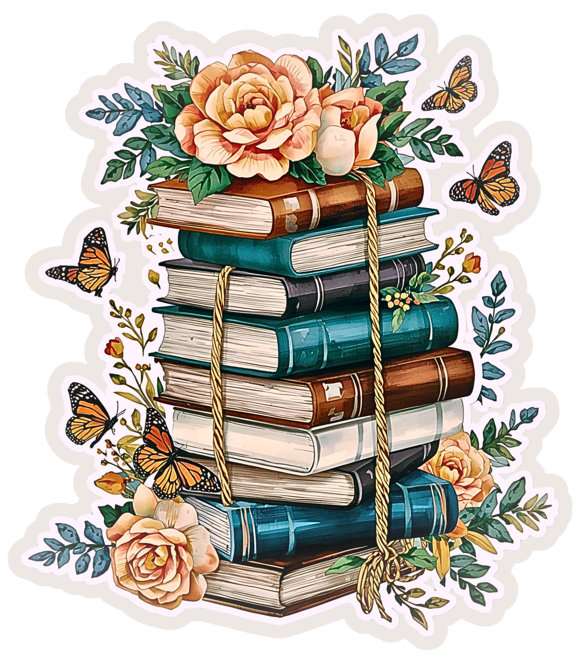 A decorative illustration of a stack of vintage books tied with a rope, topped with peach roses and surrounded by butterflies and green leaves on a white background.